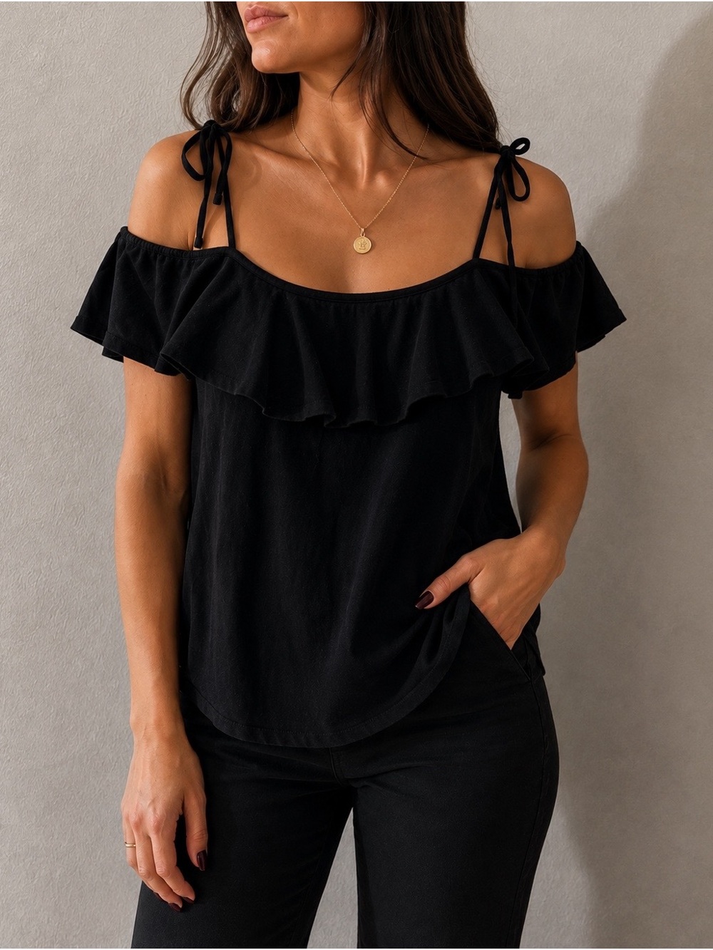 Cotton On Black Off-Shoulder Ruffle Tie-Strap Camisole